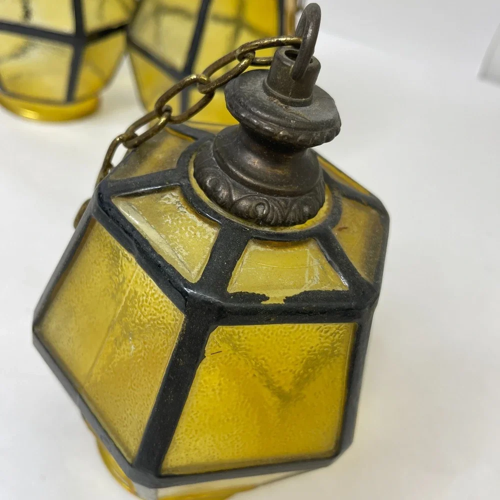 Set of 3 Amber Glass Lantern Style Lamp Shades MCM‎ Gothic Medieval 3